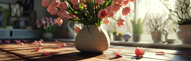 un vase plein de tulipes roses est assis sur une table en bois