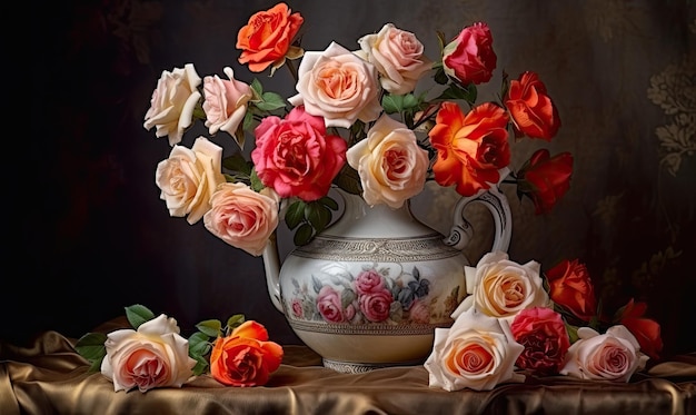 Le vase en porcelaine orné de roses délicates se tenait fièrement sur la table ajoutant une touche d'élégance à la pièce