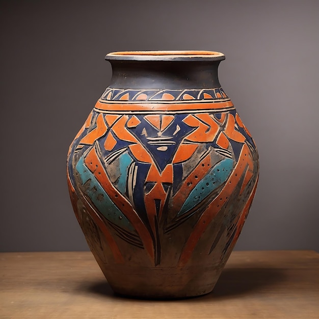 Un vase en poterie antique patiné avec un esprit vibrant de la culture indigène rayonnant Ai Generated