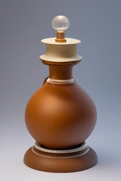 Un vase en poterie marron et blanc avec un dessus rond et un dessus rond.