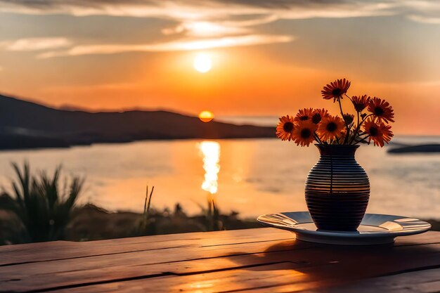 Photo un vase et quelques assiettes sur une table avec un coucher de soleil en arrière-plan