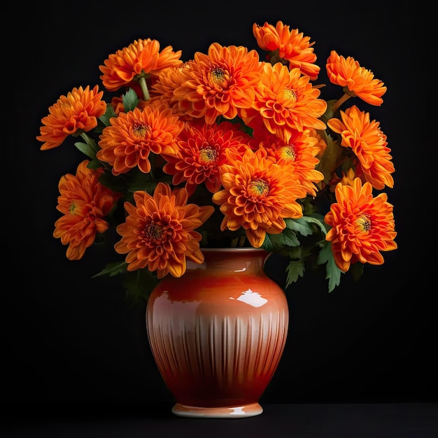 Un vase rempli de beaucoup de fleurs d'orange