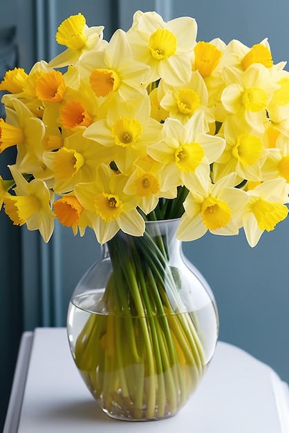 Photo un vase rempli de fleurs jaunes sur le dessus d'une table de printemps narcisse fleurs papier peint