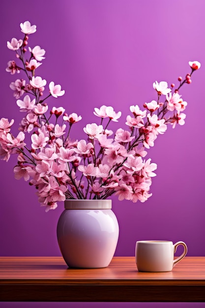 Vase rempli de fleurs roses à côté de la tasse de café AI générative