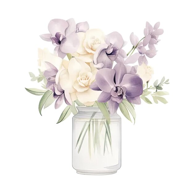 Un vase rempli de fleurs violettes et blanches