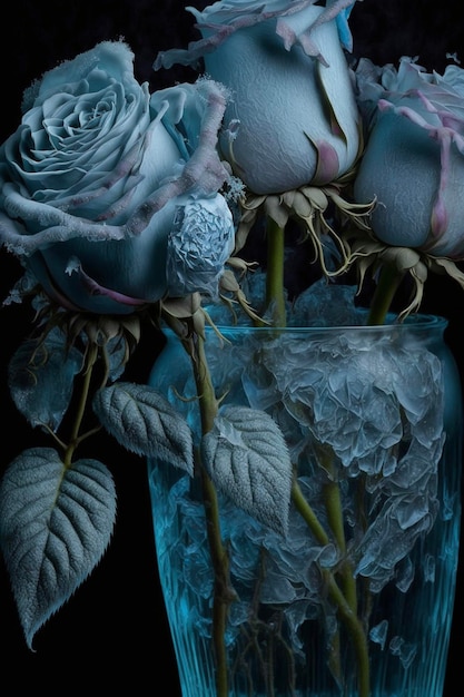 Vase rempli de roses bleues assis sur une table ai générative