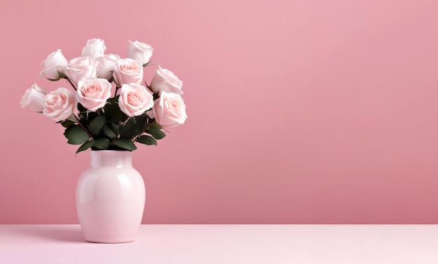 Vase rose avec de belles roses sur table avec un espace de fond rose pour le texte