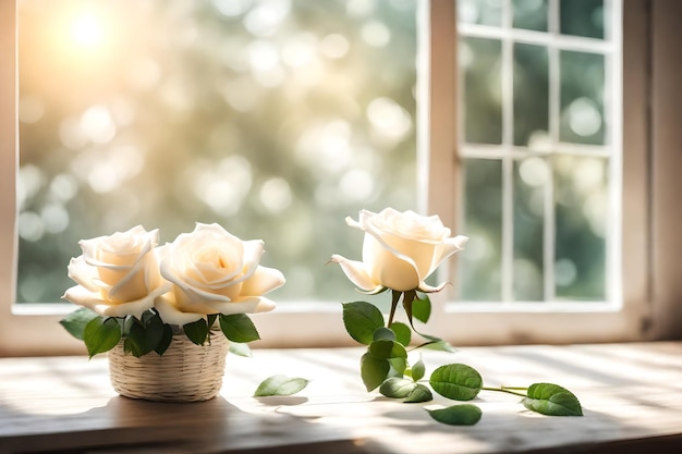 un vase de roses blanches est posé sur un rebord de fenêtre