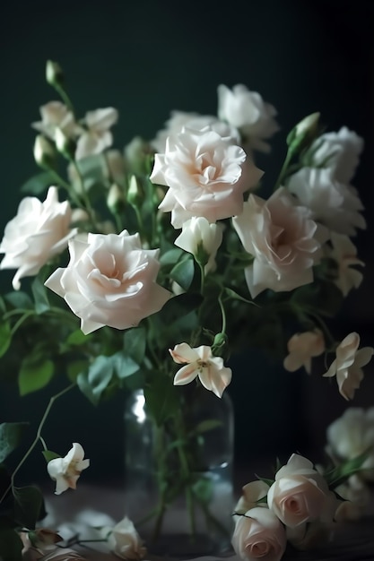 Un vase de roses blanches avec des feuilles vertes et une fleur verte au milieu.