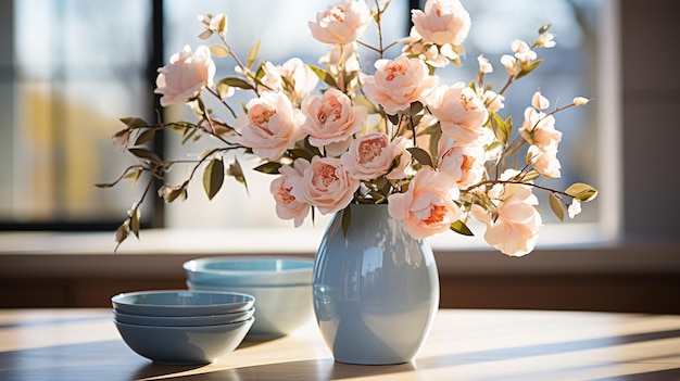 Un vase de roses est posé sur une table devant une fenêtre.