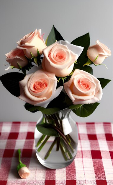 Un vase de roses est posé sur une table avec une nappe à carreaux rouge et blanc.