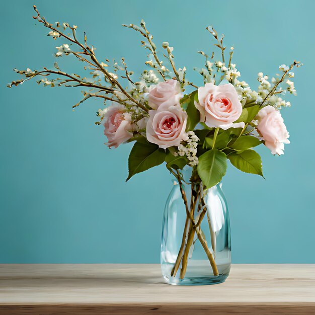 Photo un vase de roses roses est posé sur une table en bois