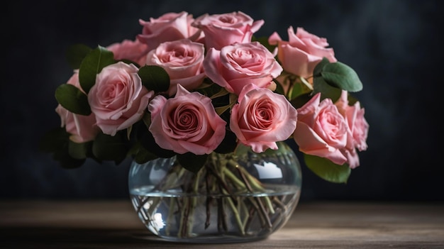 Un vase de roses roses est posé sur une table en bois.