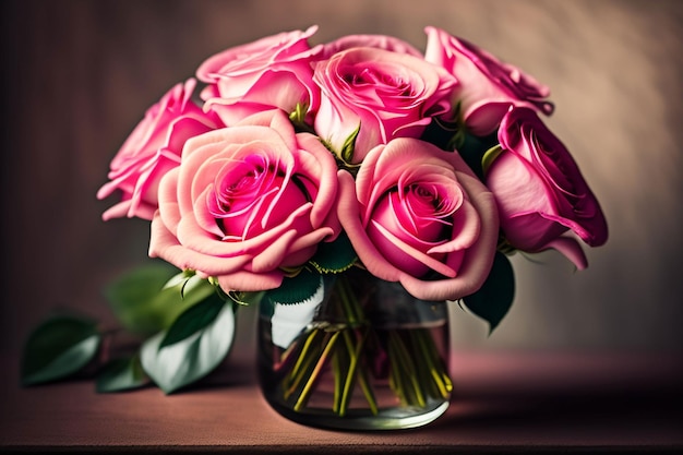 Un vase de roses roses est posé sur une table.