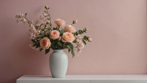 un vase avec des roses roses et des feuilles vertes