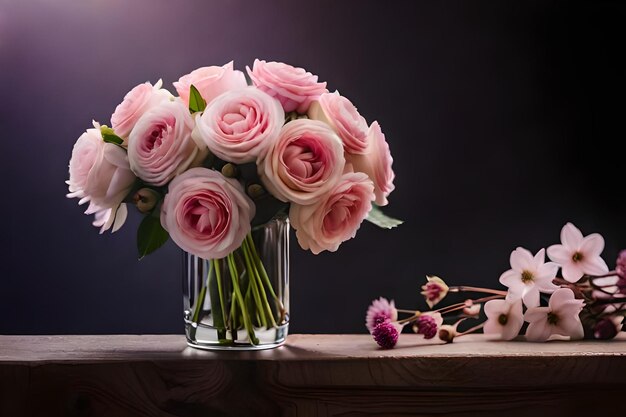 Photo un vase de roses roses avec un fond violet