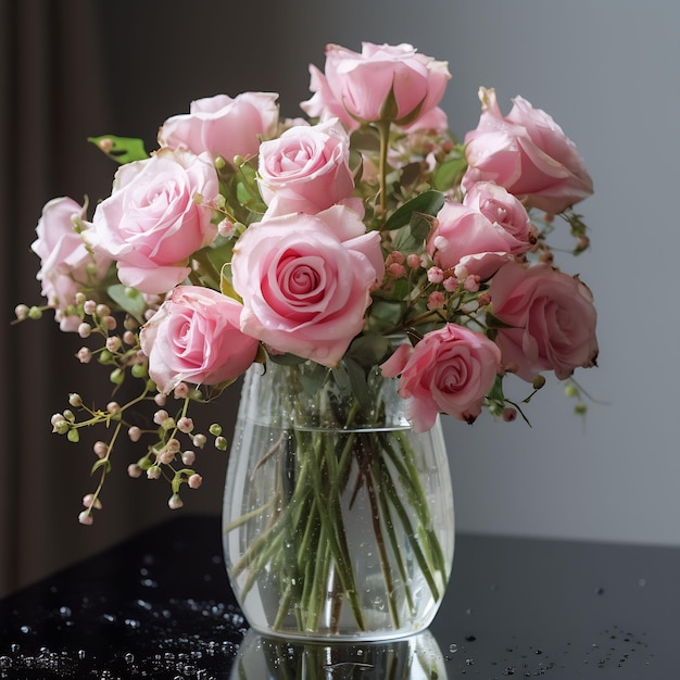 un vase de roses roses avec les mots " le nom " sur lui