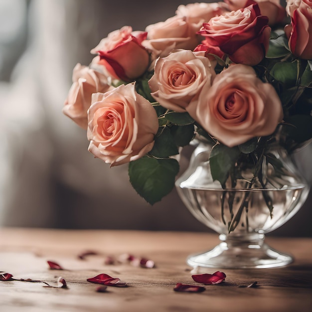 Vase avec des roses roses sur une table en bois atmosphère romantique