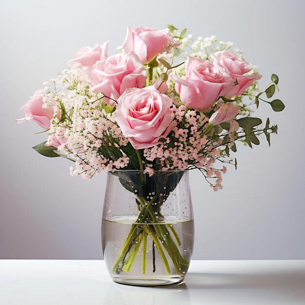 un vase de roses roses avec des tiges vertes et des fleurs roses