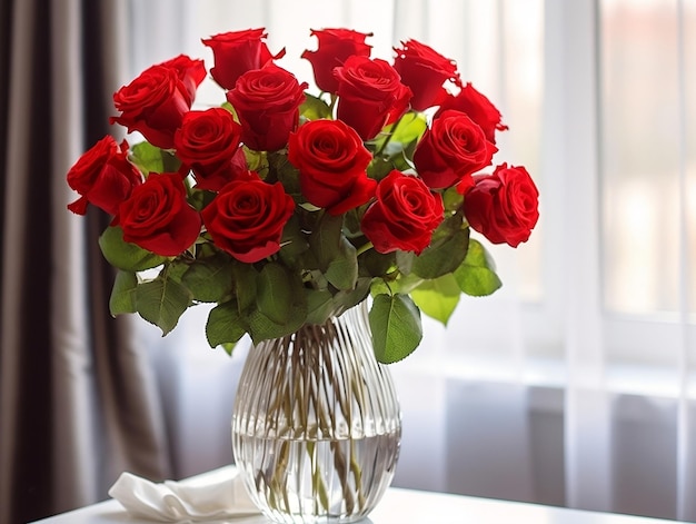 Vase de roses rouges dans un verre avec un fond blanc