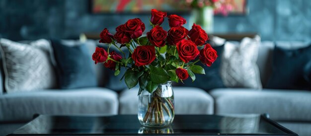 Un vase de roses rouges époustouflant sur la table