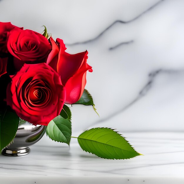 Un vase de roses rouges est posé sur une table en marbre.