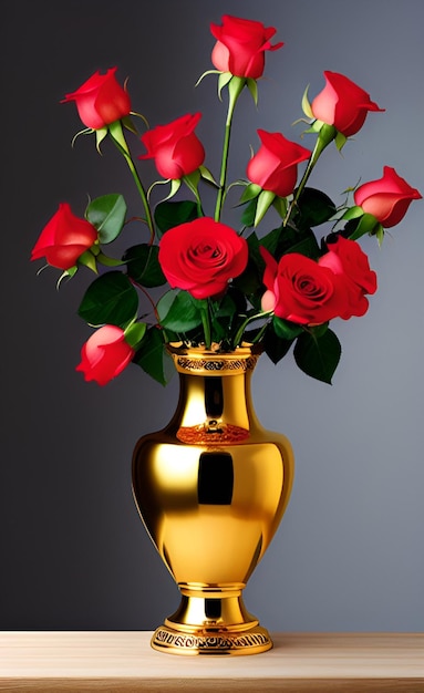 Un vase avec des roses rouges est posé sur une table.