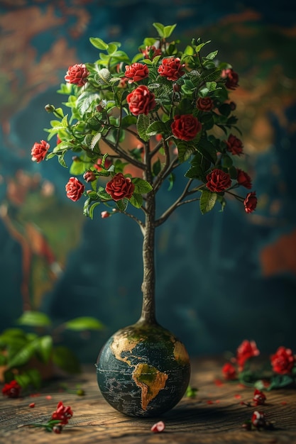 un vase avec des roses rouges et des feuilles vertes