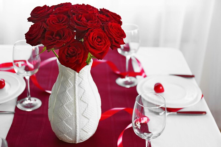 Photo vase avec des roses rouges sur une table de vacances servie