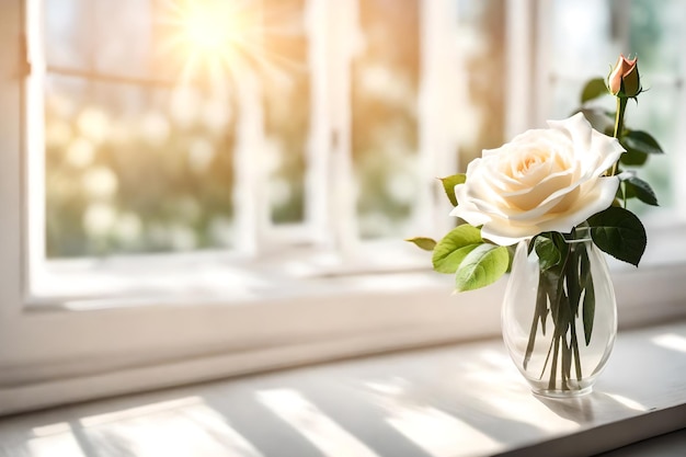 un vase avec des roses sur un seuil de fenêtre et le soleil brillant à travers la fenêtre
