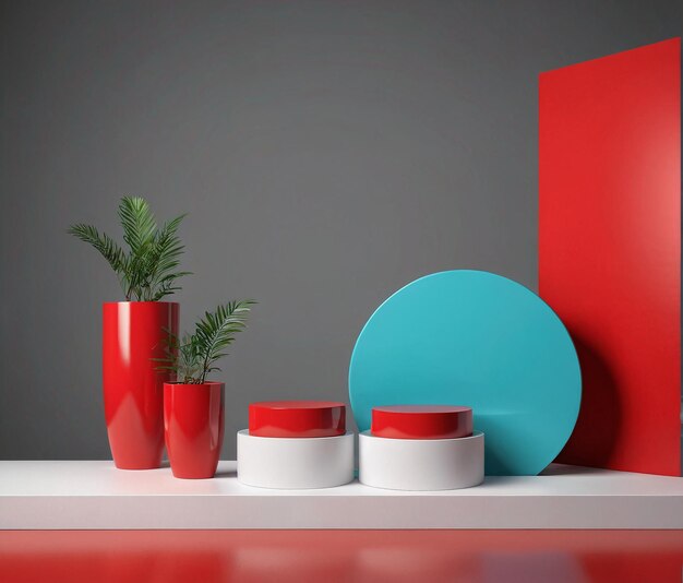 un vase rouge et bleu et un vase blanc sur une étagère blanche