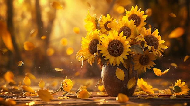 Un vase rustique rempli de tournesols jaunes