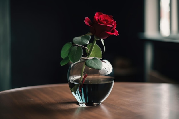 Un vase avec une seule rose rouge au centre créé avec une IA générative