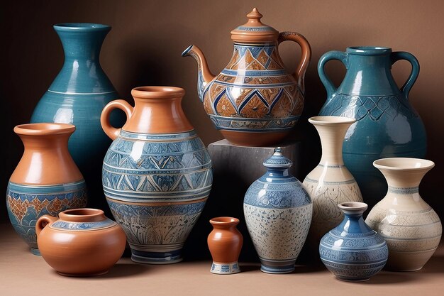 Photo vase à thé tadjin et autres produits de l'usine de poterie marocaine