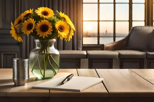 Photo un vase de tournesols est assis sur une table à côté d'un vase avec un stylo et un stylo.