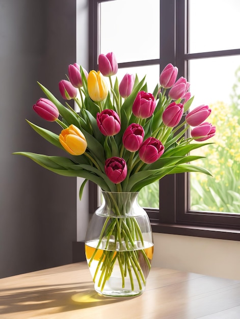 Un vase de tulipes est sur une table à côté d'une fenêtre.