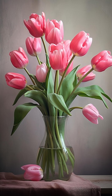 Photo un vase avec des tulipes roses et des feuilles vertes