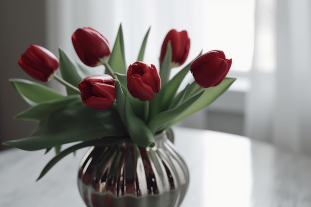 Un vase de tulipes rouges est posé sur une table.