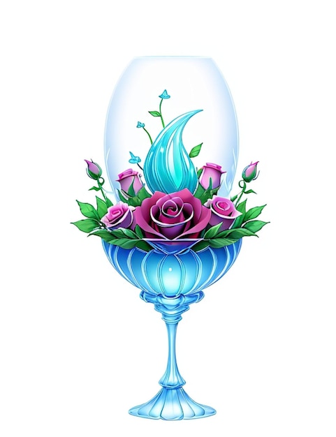 Vase en verre bleu avec des fleurs colorées et de l'eau