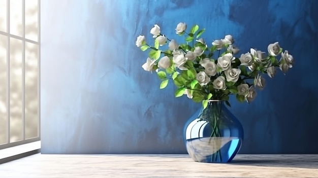 Vase en verre bleu transparent 3D avec bouquet de fleurs de rose blanche de brindille d'arbre vert AI générative