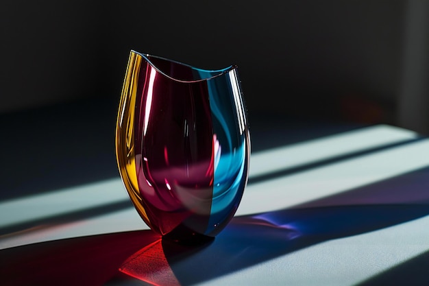 Photo vase en verre coloré sur un fond sombre avec l'ombre de la fenêtre