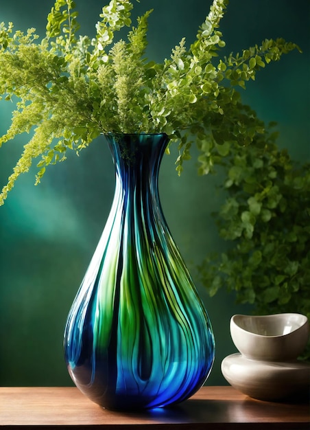 Vase en verre décoratif coloré avec motif vert et bleu sur la table Close up ai génératif