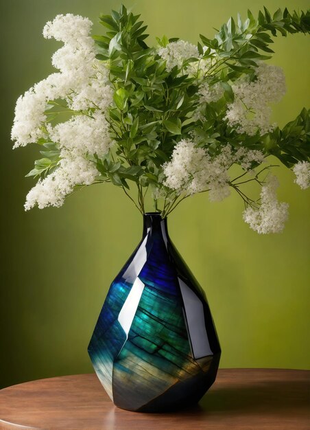 Vase en verre décoratif coloré avec motif vert et bleu sur la table Close up ai génératif