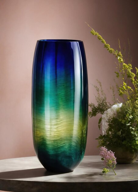 Vase en verre décoratif coloré avec motif vert et bleu sur la table Close up ai génératif