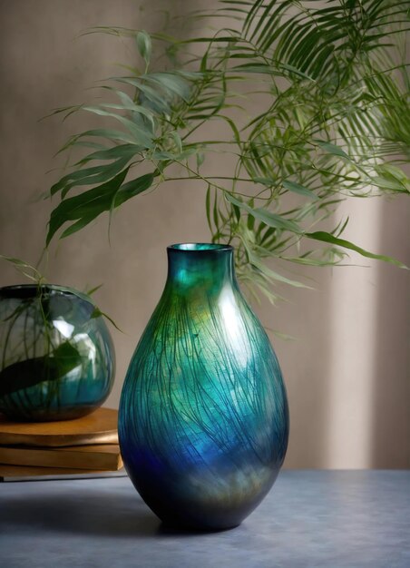 Vase en verre décoratif coloré avec motif vert et bleu sur la table Close up ai génératif