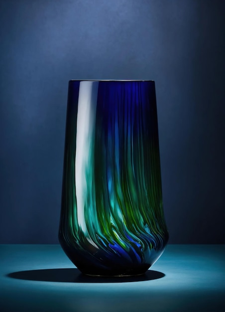 Vase en verre décoratif coloré avec motif vert et bleu sur la table Close up ai génératif