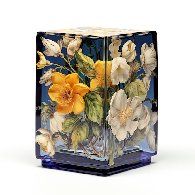 Vase en verre décoratif avec fleurs isolées sur fond blanc