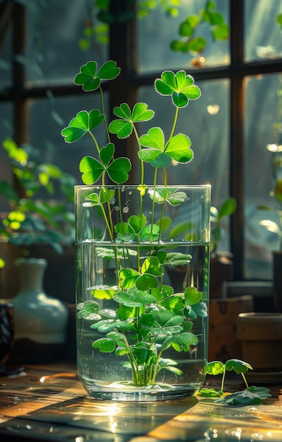 Un vase en verre est rempli d'eau et de plantes vertes.