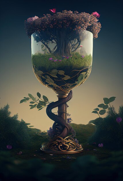 un vase en verre avec des fleurs et un arbre dedans