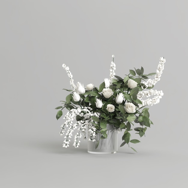 Vase en verre avec des fleurs blanches décoratives isolé sur fond gris